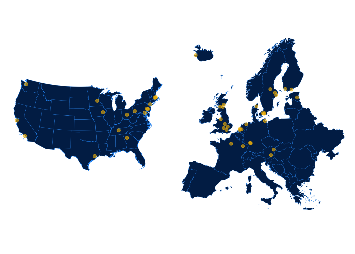 Map of HERMES collaborator locations in the USA and Europe